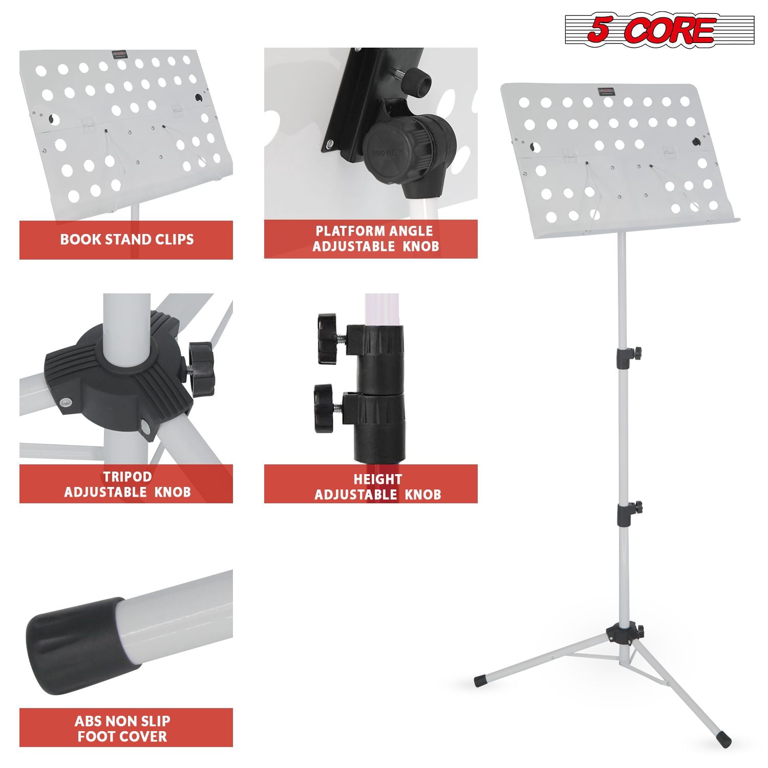Music Stand For Sheet Music Height Adjustable Portable Folding Atril Para Partituras w Light Clip for Guitar Players Violinists Cellists Pianists - MUS FLD HD ACC WH
