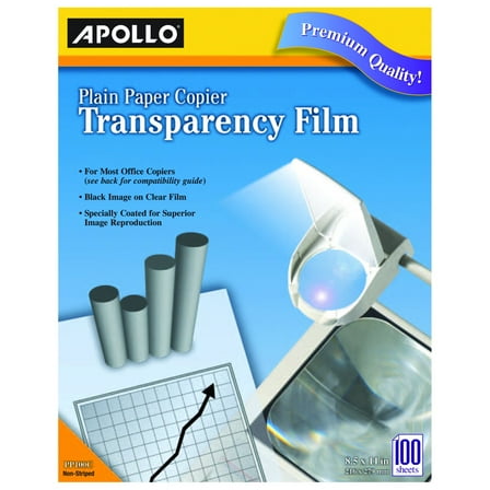 Apollo VPP201CE-A 8.5 in. x 11 in. Plain Paper Laser Transparency Film with Handling Strip - Black on Clear (100/Box)