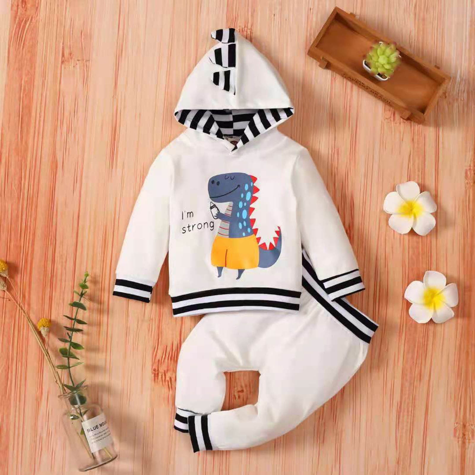 Newborn Infant Baby Boy Girl Clothes Floral Stripe Hoodie Tops+Pants Outfits Set