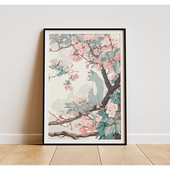Japandi Cat With Cherry Blossoms, Minimalist Wall Art Poster Home Decor #2003, 8x12 UNFRAMED