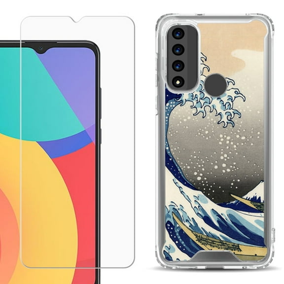 Shockproof Bumper Phone Case for TCL 20 XE, with Tempered Glass Screen Protector, by OneToughShield ® - Great Wave