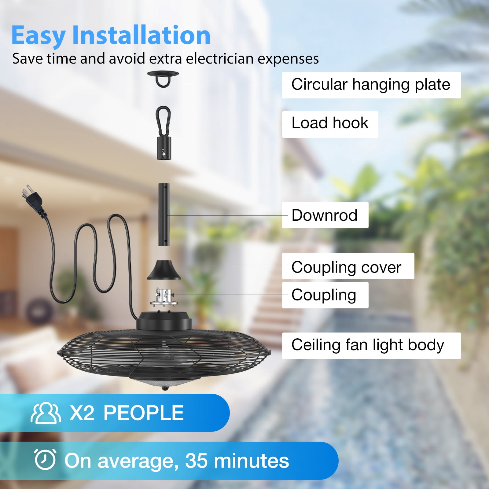 20" Outdoor Ceiling Fan with Light, IP65 Waterproof, Plug-In with Hook, Remote & App Control, 6 Speeds, 3CCT Dimmable, Caged Hanging Fan