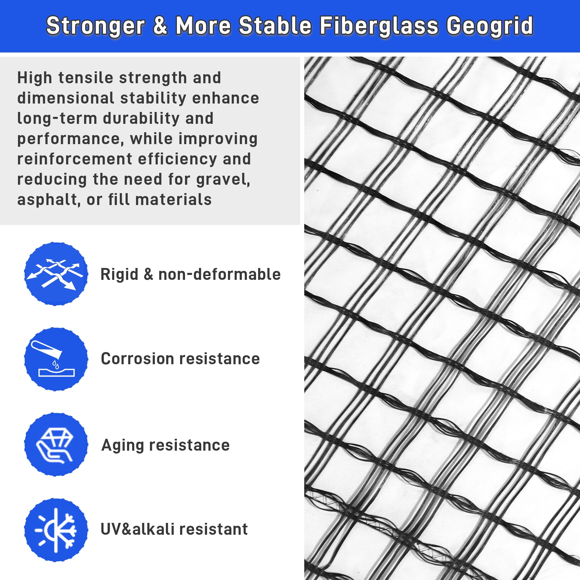 Universal Geogrid Roll Retaining Wall Fiberglass Geogrid, 3.84ft x 164ft 50KN Tensile Strength Driveway Ground Gravel Grid with Mounting Screws for Asphalt Pavement and Soil Road Slope Reinforcement
