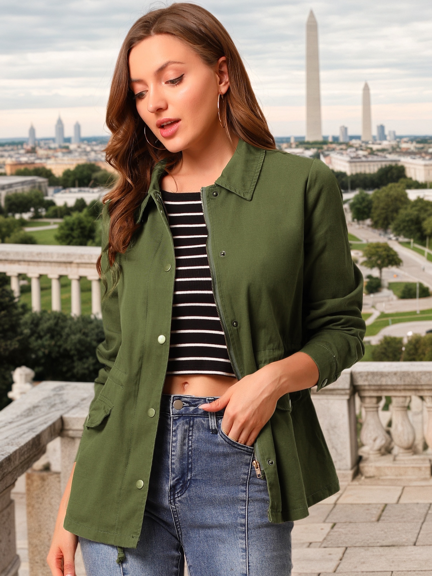 DARING DIVA Women's Long Sleeve Drawstring Waist Flap Pockets Jacket 2XL Olive Green