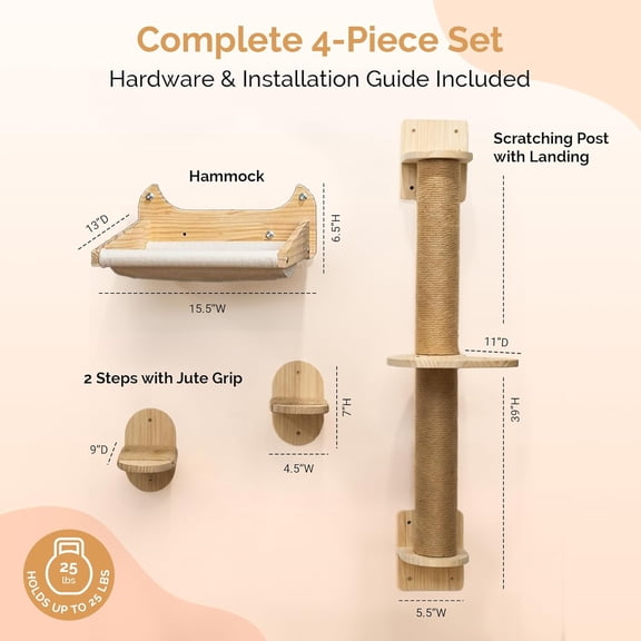 4-in-1 Window & Wall Mount Cat Wall Shelves – Hammock, Scratching Post & Perch |   Fits up to 25 lbs |   Space-Saving Pet Furniture for Windows, Glass & Drywall |   Modern Wood Cat Shelf Set