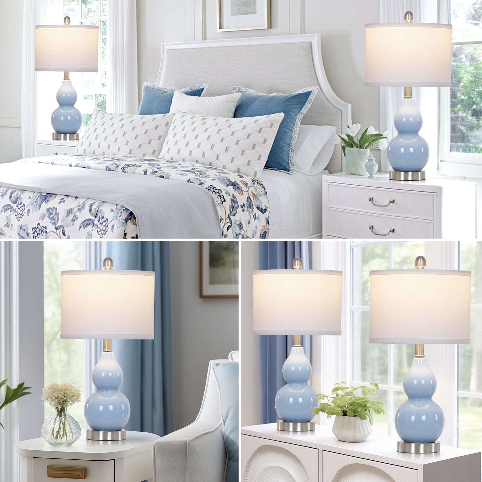 Cinkeda Ceramic Table Lamp Set of 2 for Bedroom Living Room 22" Modern Blue Double Gourd Nightstand Bedside Lamps