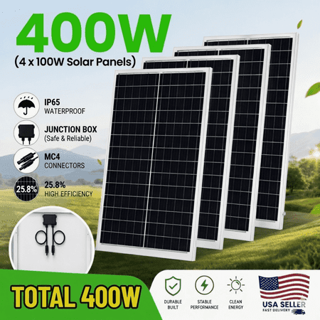 4PCS 100W Monocrystalline Solar Panel 25.8% High Efficiency, 400W Solar Panel for RV Camping Off Grid System, Boat, Home Backup Power, Waterproof Durable Solar Module