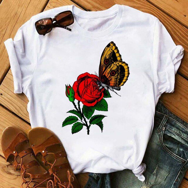 T-shirt Mode Imprimé Fleur Papillon pour Femmes Manches Courtes Décontracté Haut Graphique
