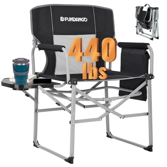 FUNDANGO Heavy Duty Director Chair with Side Table, 440lbs Oversized Folding Camping Chair, Portable Outdoor Padded Seat for Tailgating, Beach, Fishing - Black