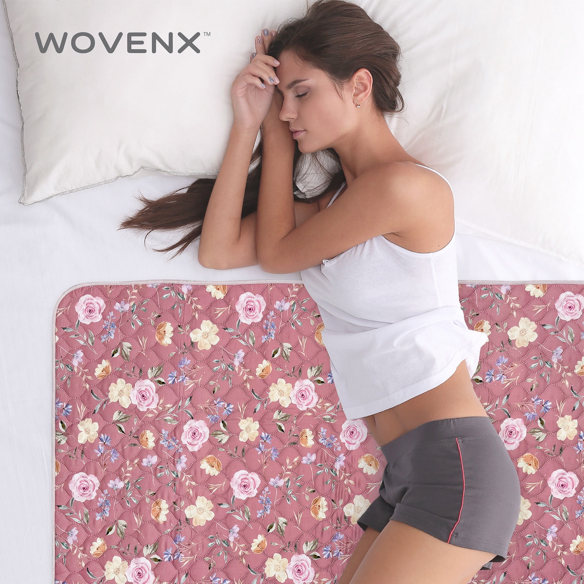WOVENX Organic Incontinence and Period Pads for Adults - 5 Layer Waterproof Protectors for Overnight Period Wetting - Reusable & Washable Pads - Fits Twin to Full Size Beds - 34" x 52" Flower