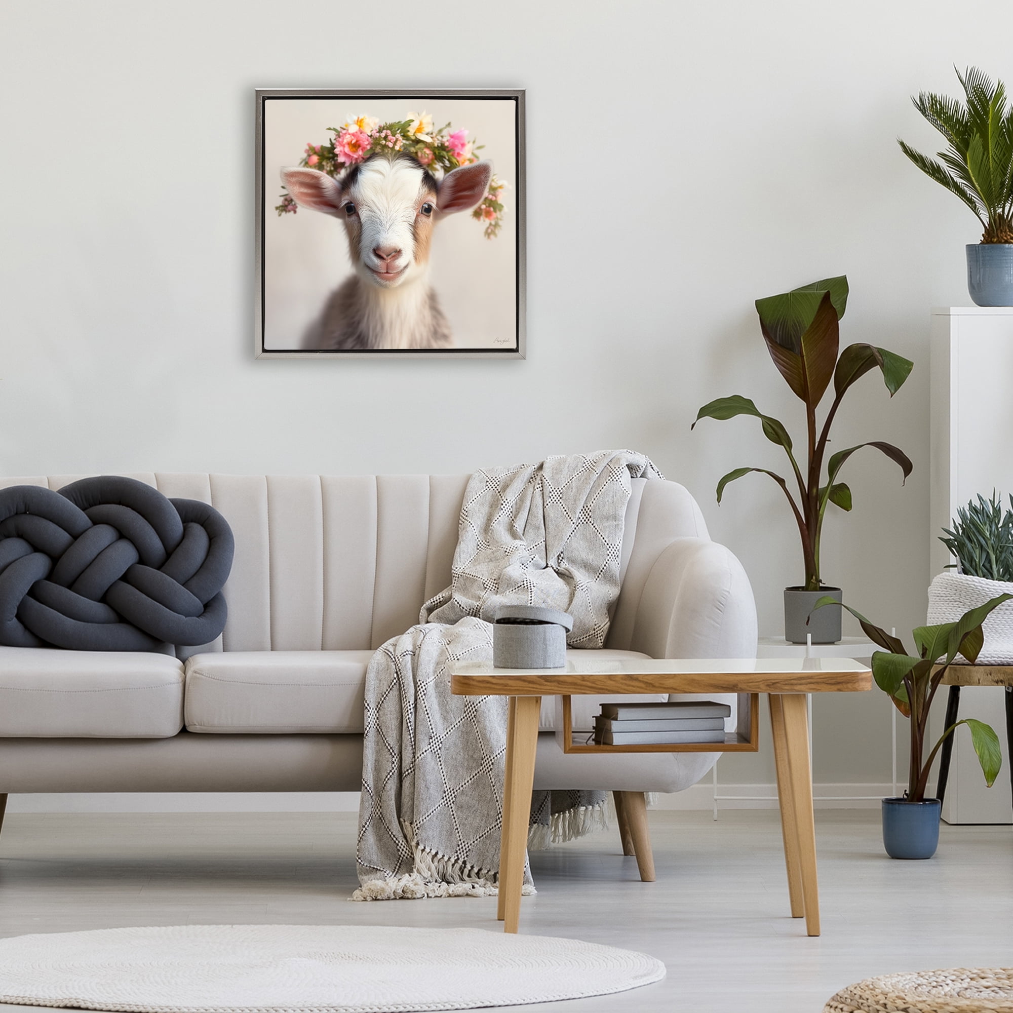 Stupell Industries Flower Crowned Goat Gray Framed Floater Canvas Wall Art, design by Roozbeh