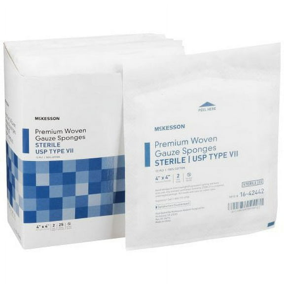McKesson USP Type VII Gauze Sponge Cotton 12-Ply 4 X 4 Inch Square Sterile, Box of 25 - 16-42442