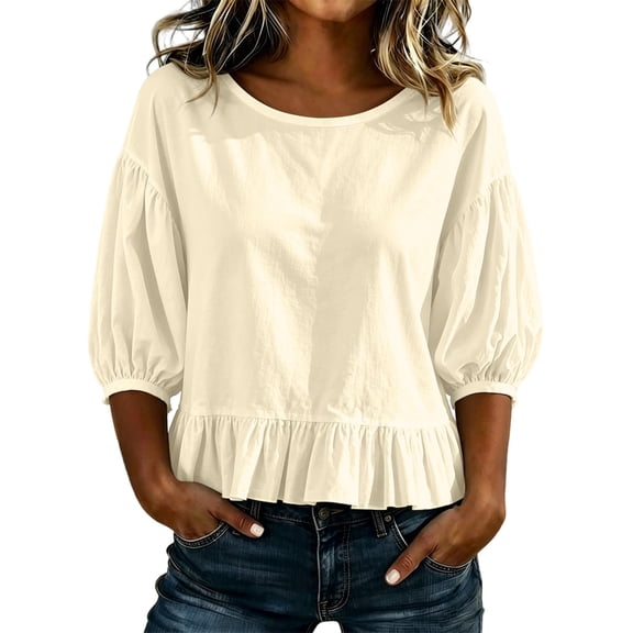 ClodeEU Women's Round Neck Bubble 3/4 Sleeve Tops,Casual Ruff Hem Cropped Blouses ,Women's Plus L