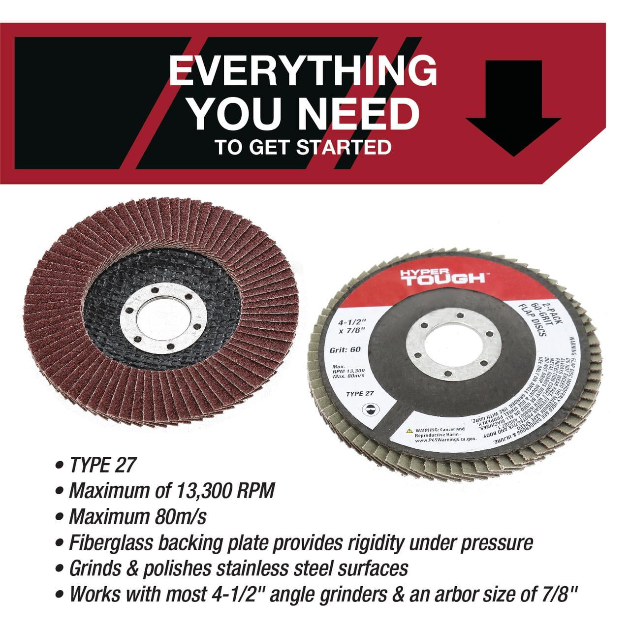 (2 pack) Hyper Tough 2 pack 60 Grit Flap Discs 4-1/2-inch Diameter with 7/8-inch Arbor Abrasive Material