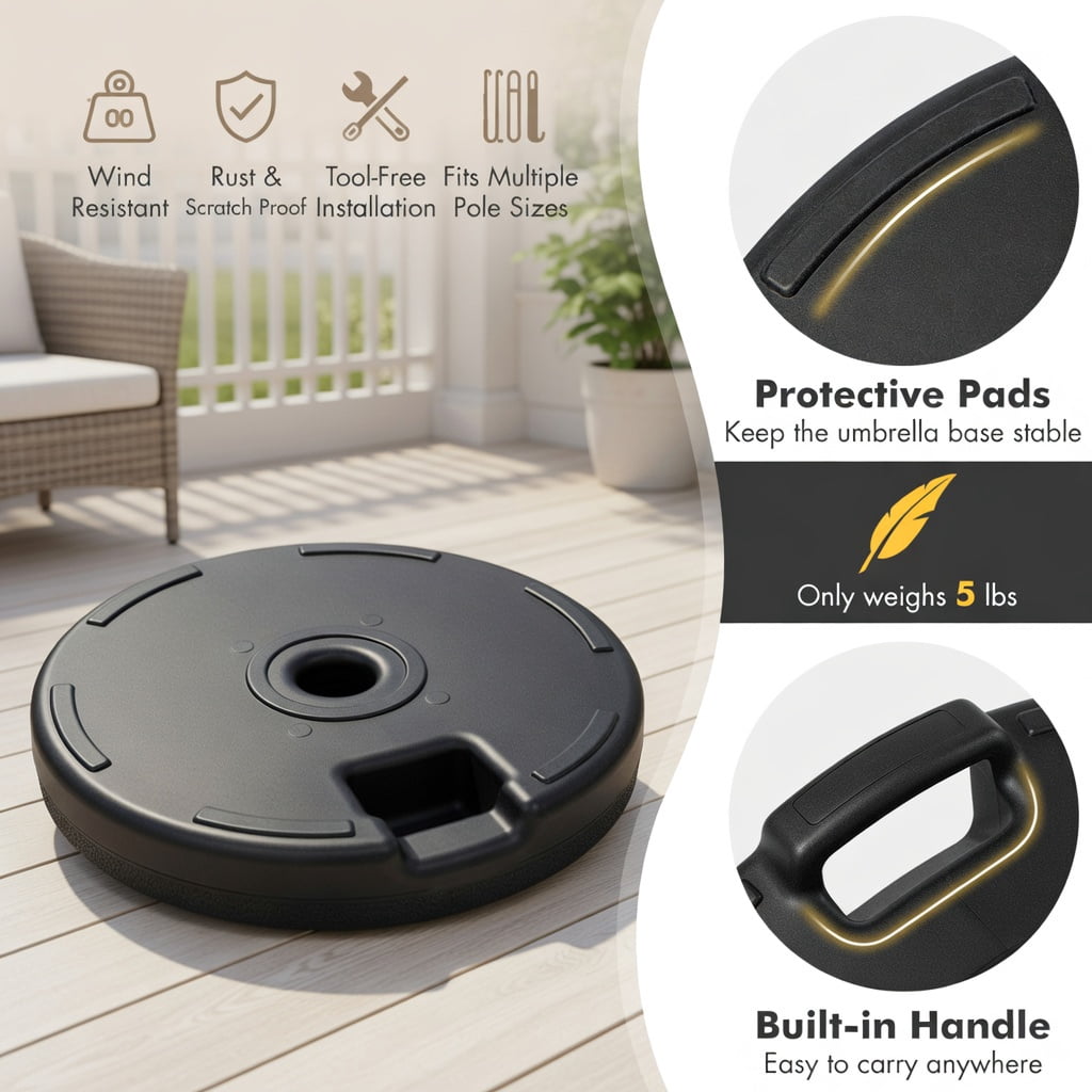 Resenkos Outdoor Umbrella Base, 19.5 Inch Fillable Round Umbrella Base Stand for Yard Garden Poolside-Black, Black