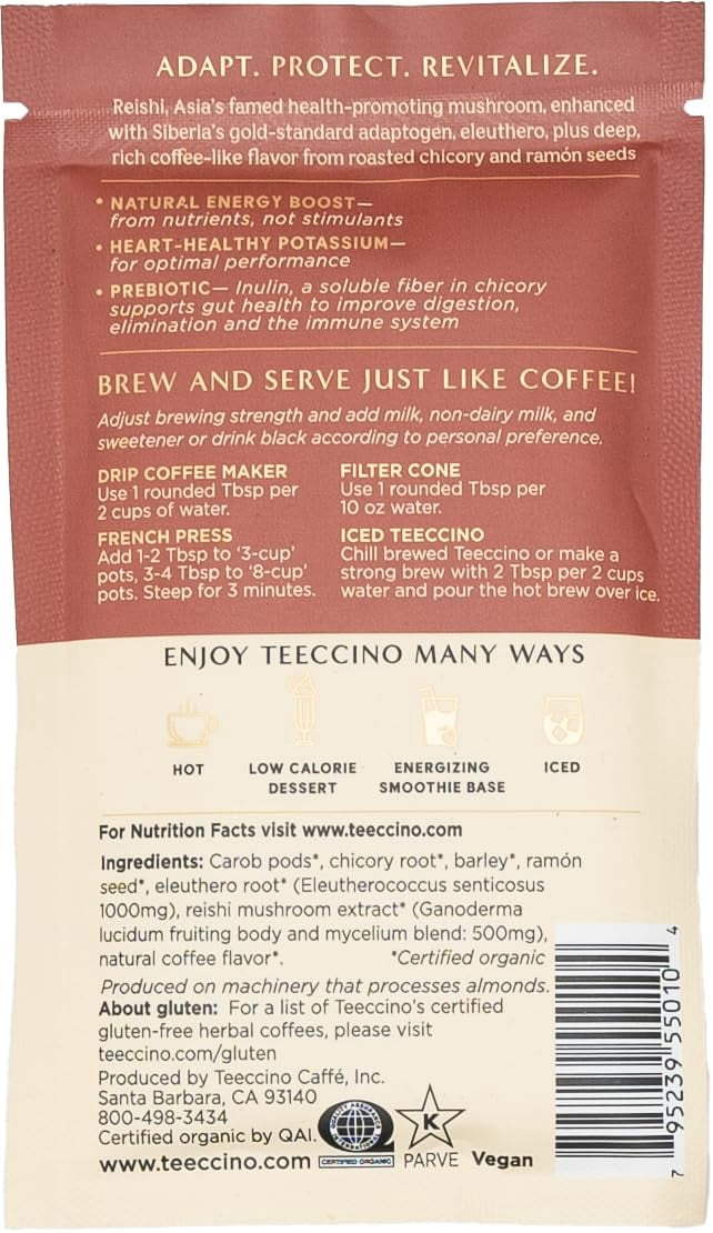 Teeccino Mushroom Adaptogen Herbal Coffee Sampler - 6 Trial-Size Packets, Medium Roast, Caffeine Free, Prebiotic