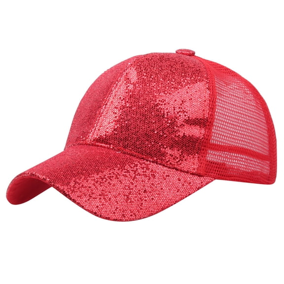PMVFHDE Women Summer Sun Hat with Ponytail Hole Mesh Baseball Cap Decorative Sport Cap for Outdoor Running Hiking Red