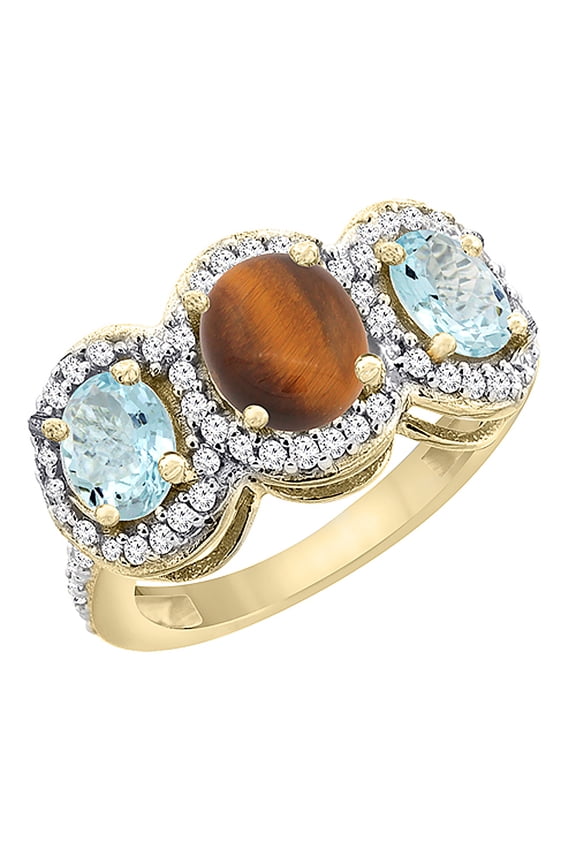 14K Yellow Gold Natural Tiger Eye & Aquamarine 3-Stone Ring Oval Diamond Accent, size 10