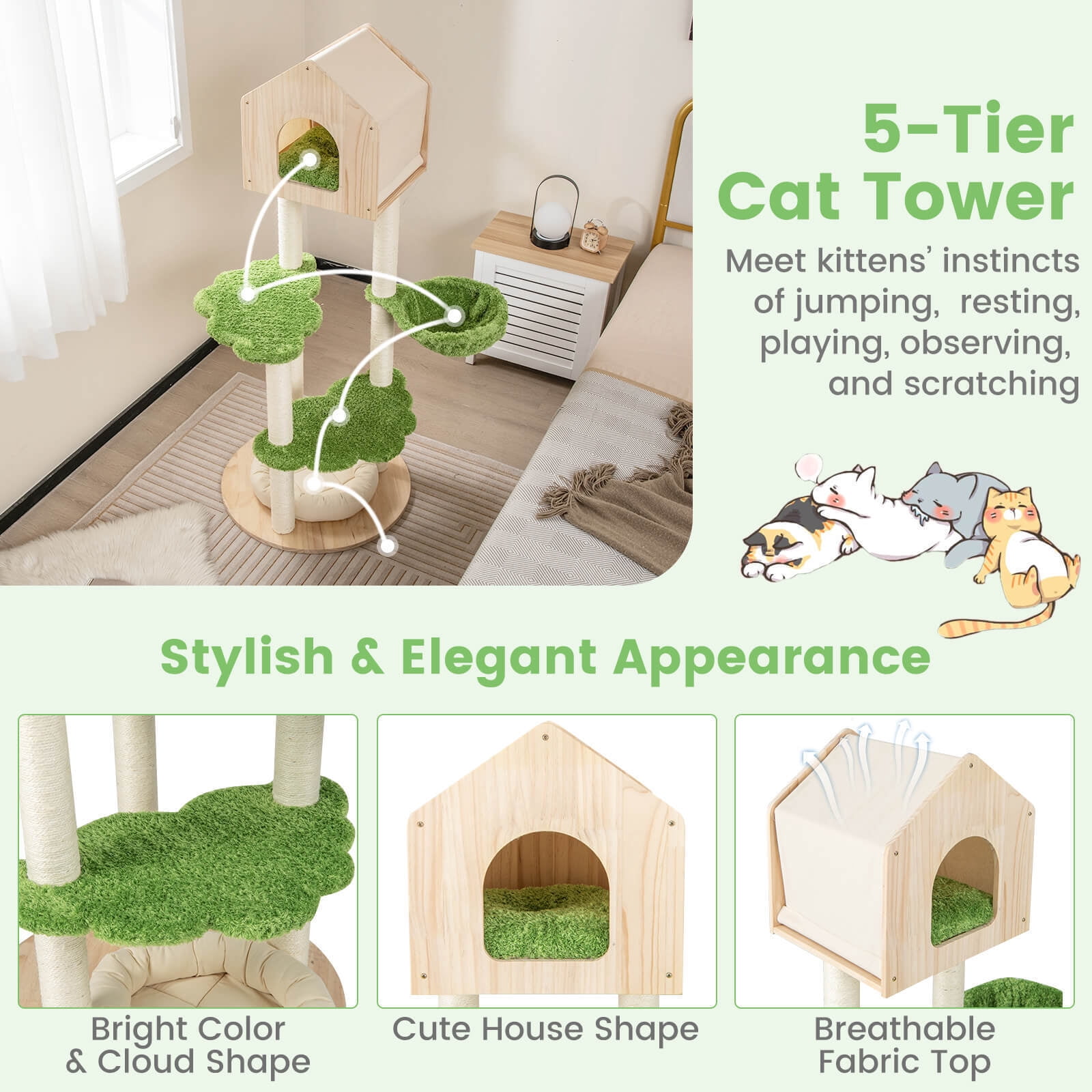Amijoy Wooden Cat Tree, 55" Tall Cat Climbing Stand w/ Sisal Scratching Posts, Pine Wood Top Condo, Soft Cat Bed, Hammock