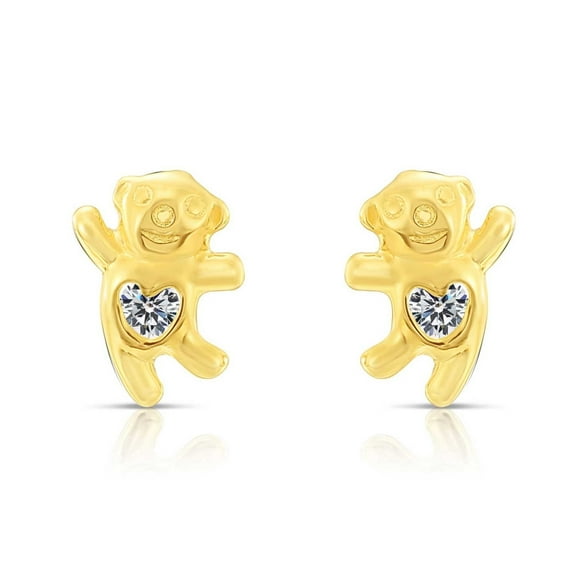 Tilo Jewelry 10K Yellow Gold Cute Dancing Bear Stud Post Earrings with Cubic Zirconia CZ Stones | Secure Screw-Backs | Dainty Everyday Earrings for Women & Unisex