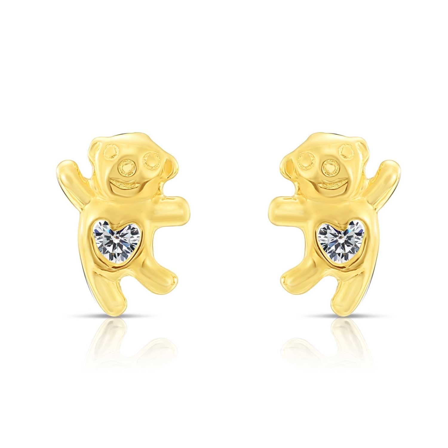 Tilo Jewelry 10K Yellow Gold Cute Dancing Bear Stud Post Earrings with Cubic Zirconia CZ Stones | Secure Screw-Backs | Dainty Everyday Earrings for Women & Unisex