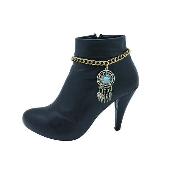 Women Gold Metal Boot Chain Bracelet Shoe Feather Turquoise Blue Charm Ethnic