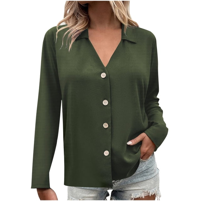 Timegard Fall Tops for Women Lapel V Neck Button up Shirts Long Sleeve Lightweight Casual Work Tops