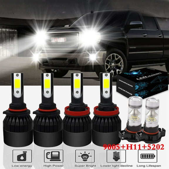 For GMC Sierra 1500 2500 3500 2007-2013 LED Headlight Bulbs,9005 High Beam  H11 Low Beam 5202 Fog Beam,6pcs,SHENKENUO
