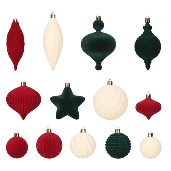Christmas Green Velvet Ball Ornaments – Red & Orange Mixed Set of Christmas Tree Decorations, Shatterproof Hanging Baubles for Holiday Home Décor & Party Display