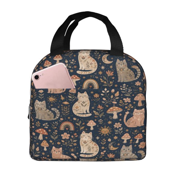 Boho Cat Mushroom Lunch Bag Reusable Thermal Lunch Box with Handle for Women and Men