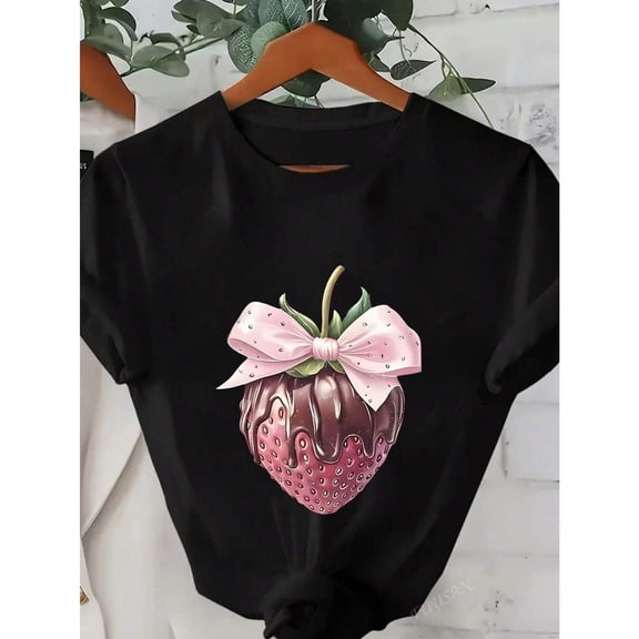 Women's Strawberry Graphic Tee, Casual T-Shirt with Bow Print, Round Neck Short Sleeve Top, Crew neck，Cute，cotton，black，S-5XL