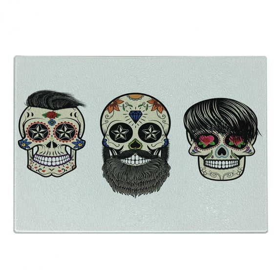Day of the Dead Cutting Board, Skull Human Heads with Happy Faces Floral and Geometric Shaped Eyes Print, Decorative Tempered Glass Cutting and Serving Board, Small Size, Multicolor, by Ambesonne