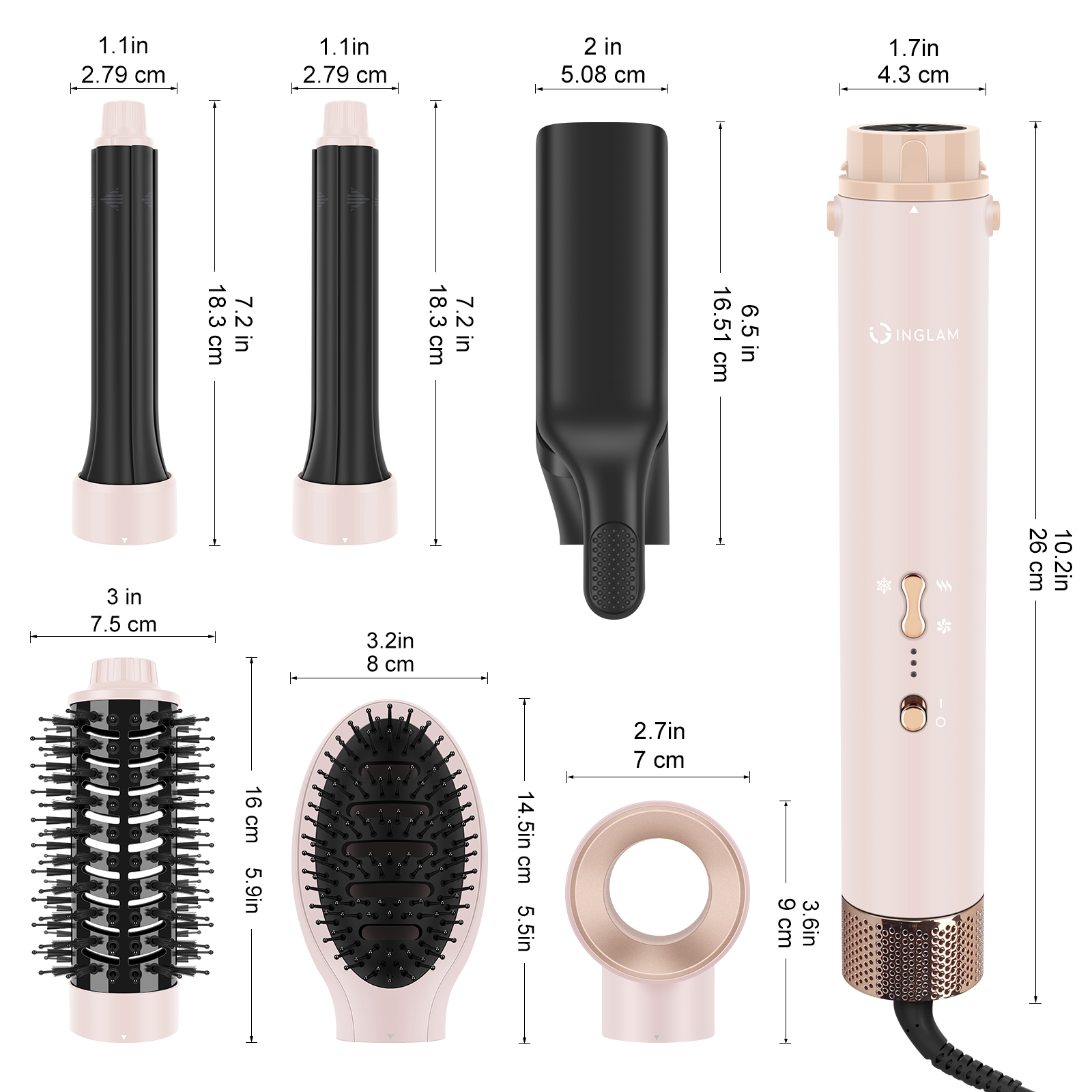 IG INGLAM 6 in 1 Hair Dryer Brush, No Hot Plate Air Straightener, Volumizer Hot Air Styler, High-Speed Hair Dryer, Massage Brush and Auto Wrap Curlers, Pink