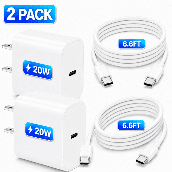 GAZILY® 2 Pack USB C Wall Charger, PD 20W Fast Charging Block with 6.6FT USB C to USB C Cable, Compatible with iPhone 17/16/15 Series, White