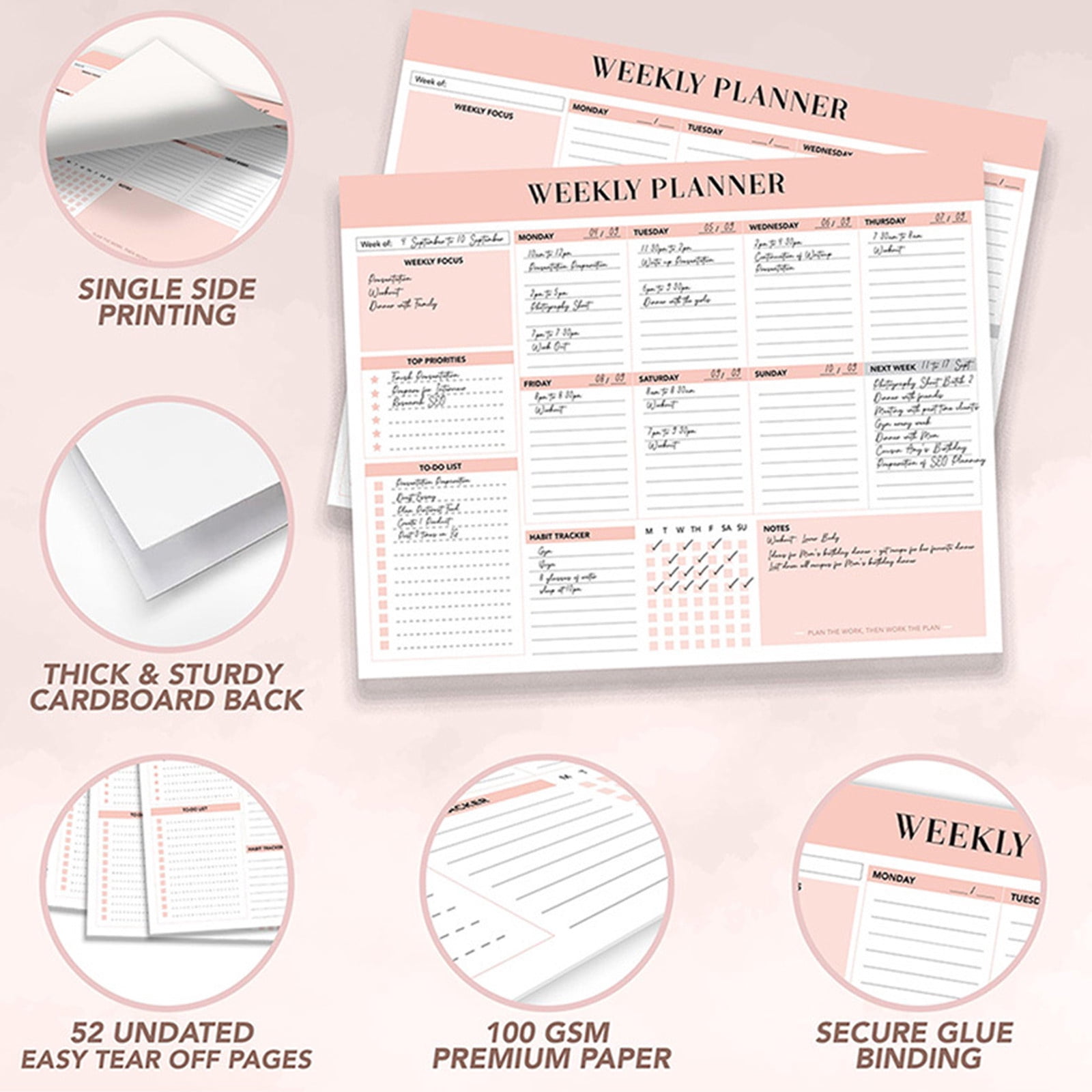 B5 Weekly Planner Coil Book, Undated Work Punch Card & Life Record Notebook, 52 Pages with Daily Task List, Boosts Productivity, 9.76 x 7.28 Inch