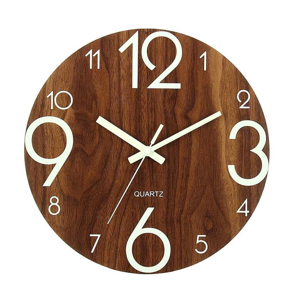 Luminous Wall Clock, 12 Inch Wooden Silent NonTicking Kitchen Wall