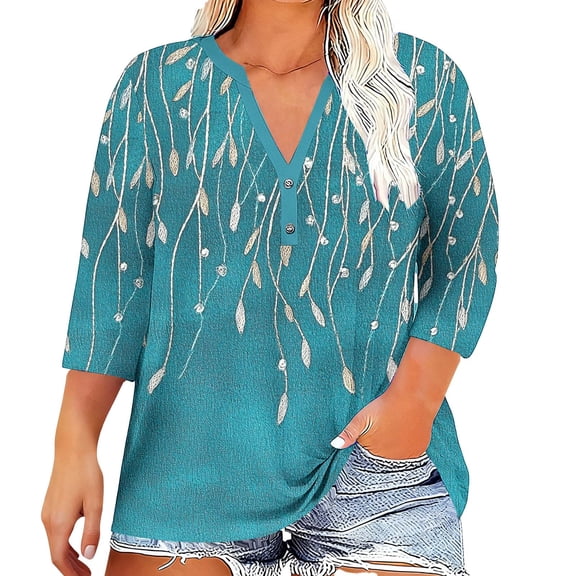 Ruimatai Women's Plus Size Floral Print V-Neck 3/4 Sleeve Blouse Loose Casual Comfortable Tunic Top