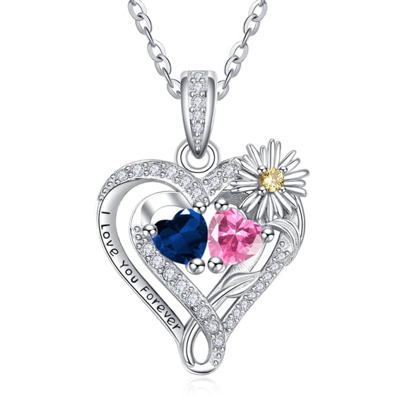 TANGPOET Sterling Silver Daisy Heart Necklaces Pendant Jewelry Sapphire Tourmaline September October Birthstone Necklace Anniversary Jewelry Gifts for Women