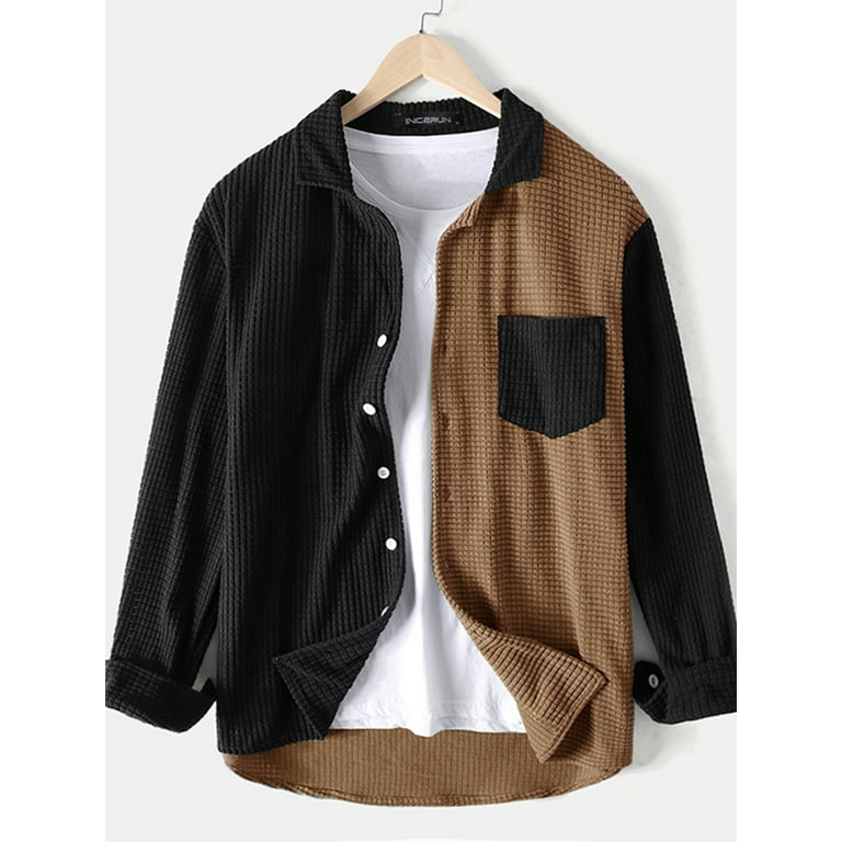 Men's Long Sleeve Waffle Corduroy Patchwork Shirt Button-down Casual Soft  Warm Tops Shirt