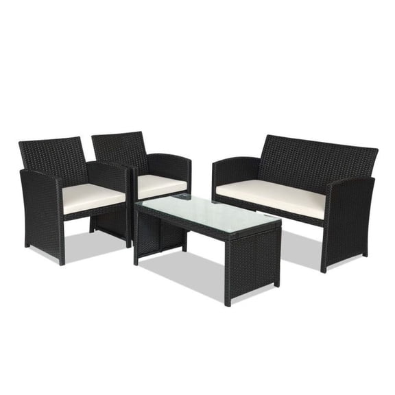 Rattan Patio Furniture Set 4 Pieces Outdoor Conversation Set with Cushions & Tempered Glass Coffee Table - Black Wicker Loveseat & Single Sofas