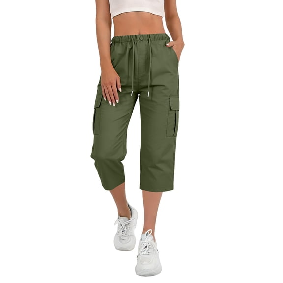 Guluxicc Cargo Capri Pants for Women Lightweight Breathable for Hiking Travel with Pockets Drawstring Waist Casual Summer