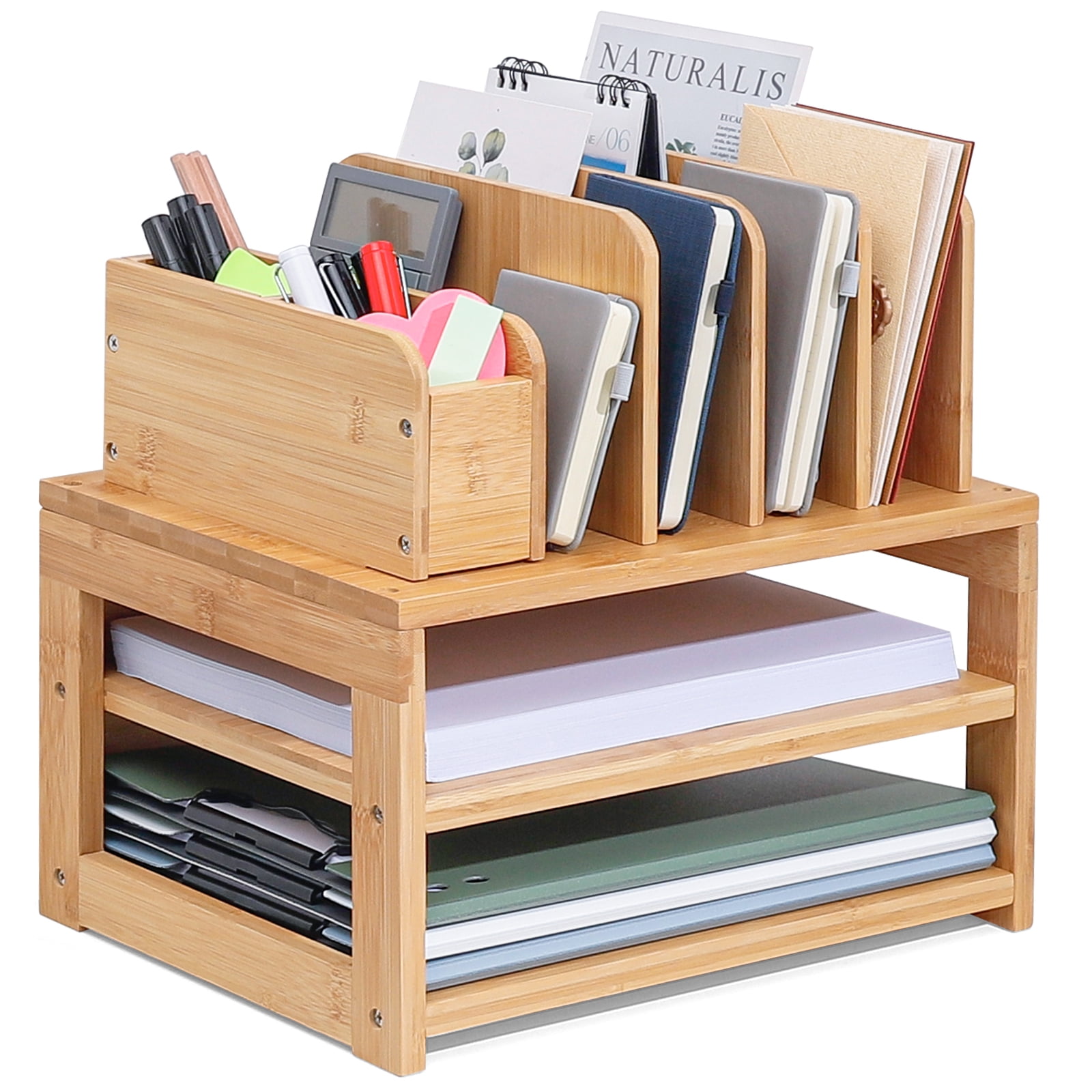 Enogets Bamboo Desk Organizer with File Holder & Adjustable Pen Holding 3-Tier Desktop Letter Paper Tray Storage