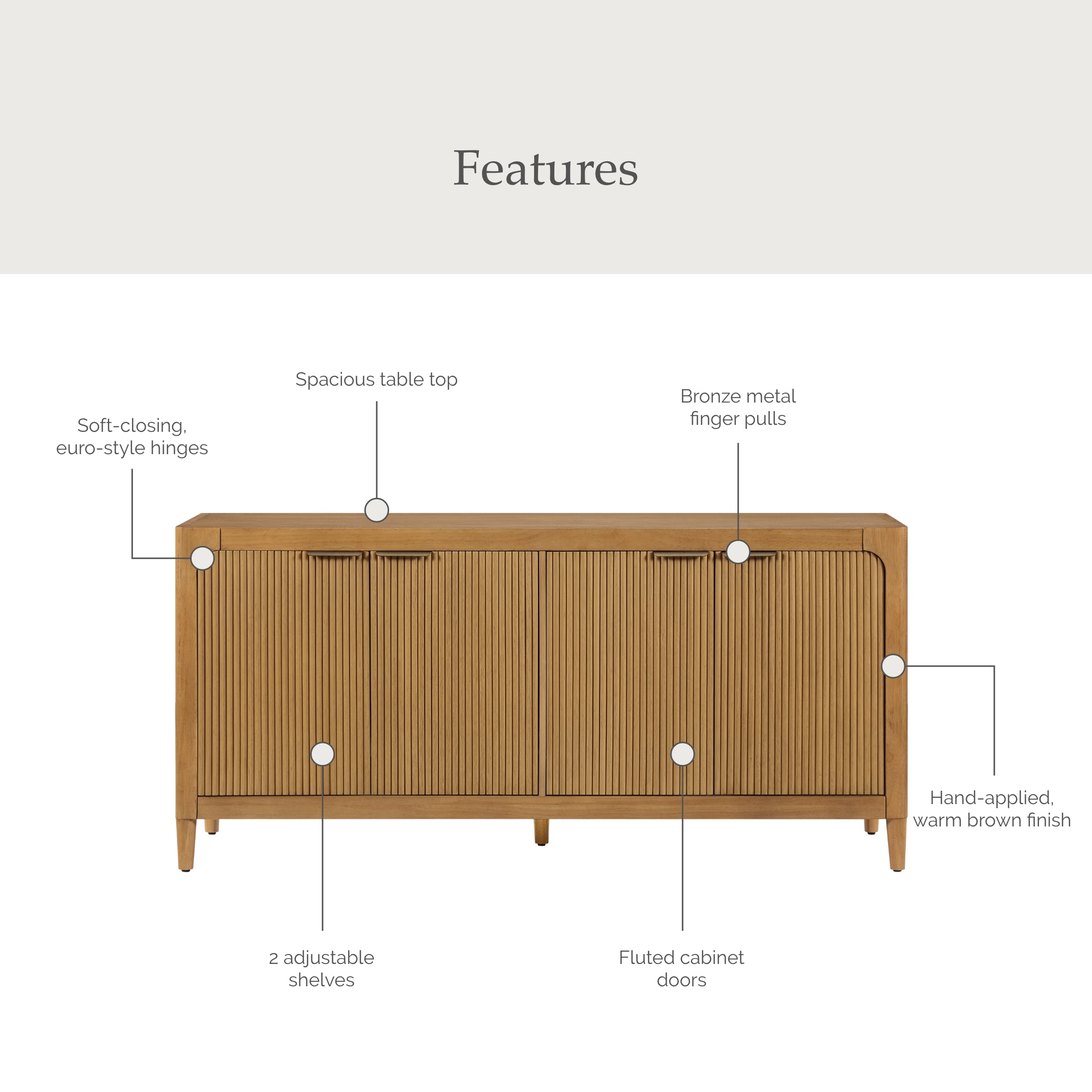 My Texas House Linden Fluted Buffet Cabinet Sideboard with Adjustable Shelves, Warm Brown
