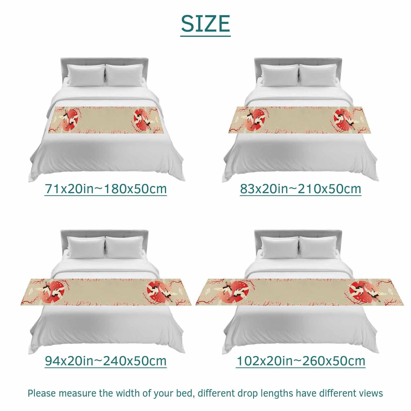 Pink Cherry Blossom Crane Bed Runner for Queen Size Bed, Japanese Style Cloud Harmony Soft Bedding Scarf Bedding Protector Slipcover Sofa Throw for Bedroom Hotel Guesthouse
