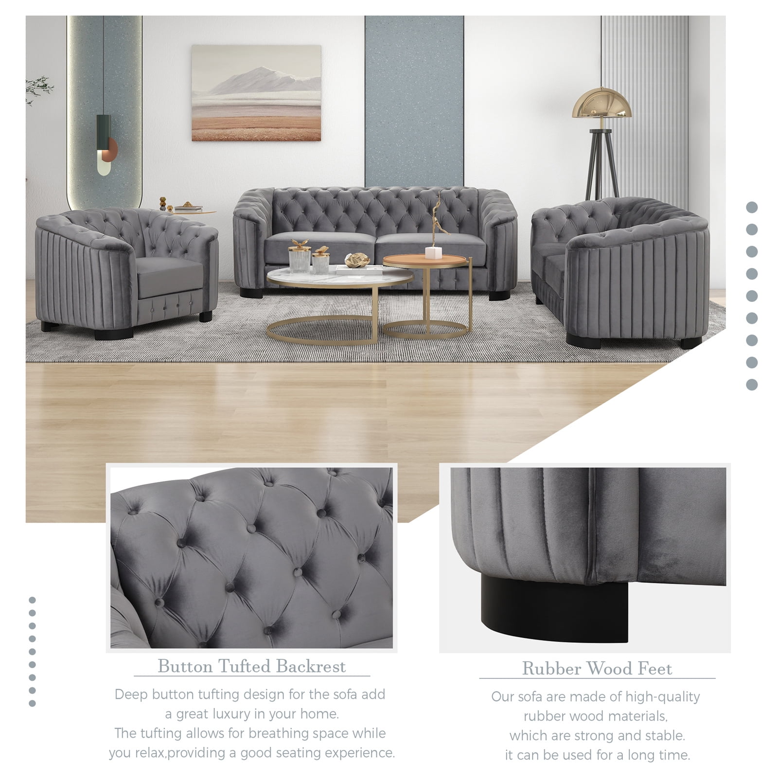 Comfortable Velvet 3-Seater Sofa with Detachable Back Cushions - White