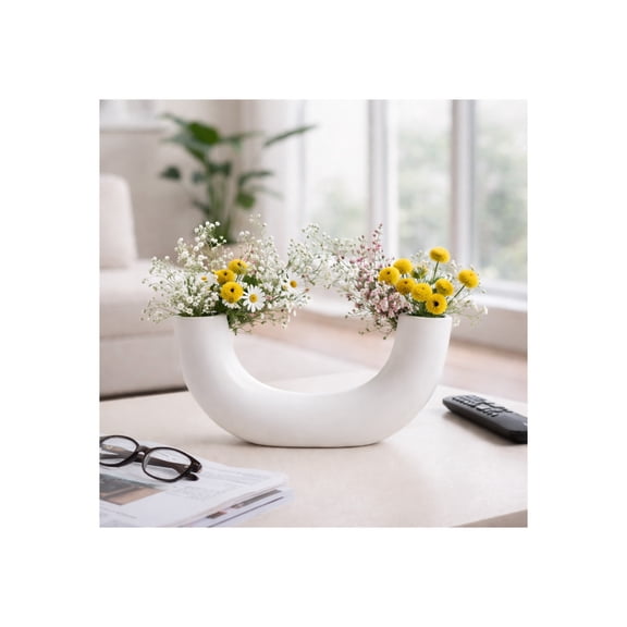 Modern U-Shaped Vase for Living Room Decor - Ceramic Flower Vase for Home, Study Table or Office Styling - Abstract Display for Bathroom Counter, Mantel, and Bedroom Accent - 5", White