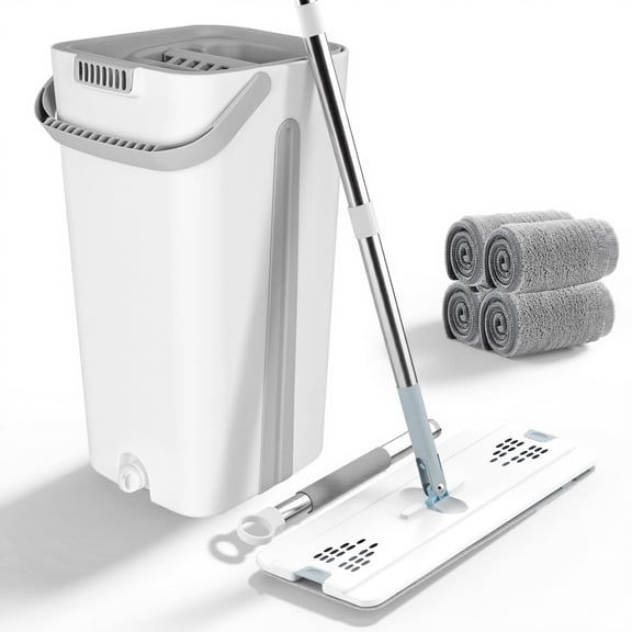 FVSA Mop and Bucket with Wringre Set, with 4 Microfiber Reusable Pads, Wet and Dry Use for Household Cleaning and Floor Windows Cleaning