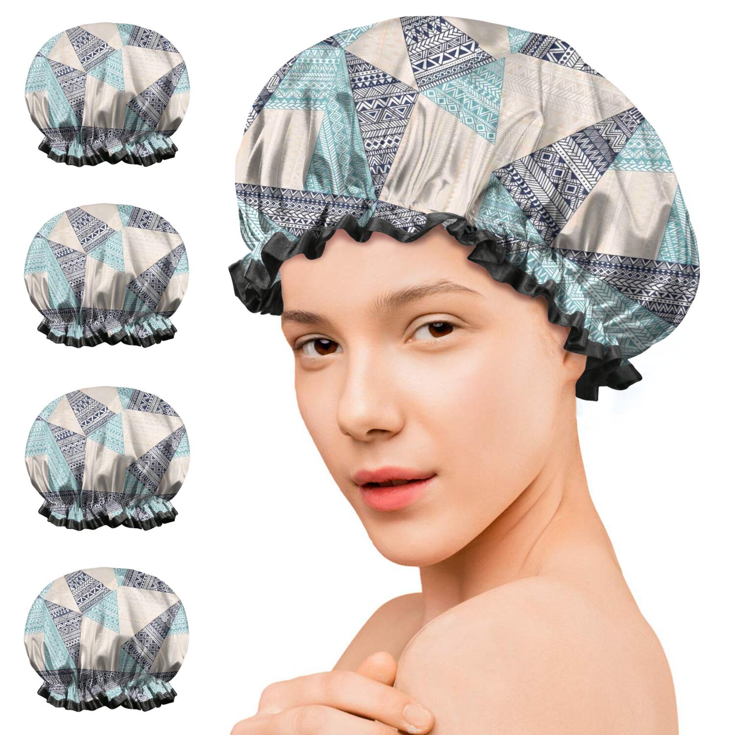 Shower Caps,Blue Ethnic Triangle and Geometric Pattern Waterproof Shower Cap for Women 4 Pieces,Double Reusable Hair Cover for Shower PEVA Elastic Stretch Hem