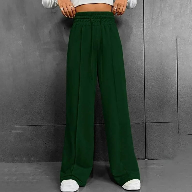 safuny Women's Wide Leg Loose Pants Relaxed Trousers Fashion Girls Teen  Solid Color Casual Comfy Daily High Elastic Waist Black Green M