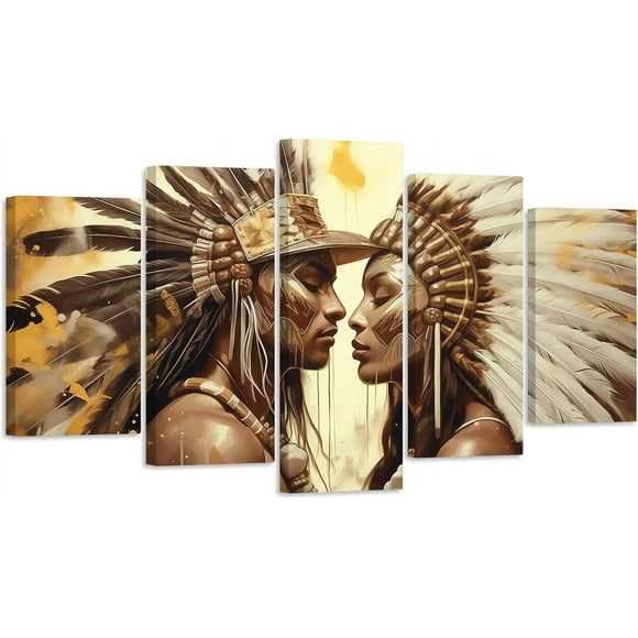ZHONGYUTONG Native American Wall Art 5 Pieces Indian Men Women Canvas Picture Prints Indian Chief Tribal Headdress Feathered Painting Southwest Decor Framed (12"x16"x2 12"x24"x2 12"x32"x1)
